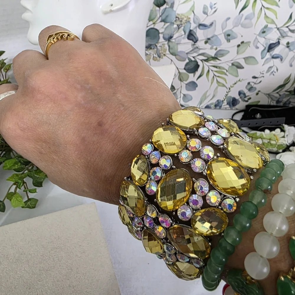 Statement Wide Silver with AB and Yellow Glam Stretch Bracelet
